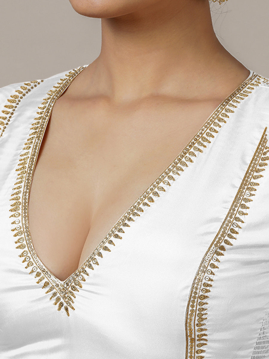 Zohra x Luxe Saree Blouse, in White Vegan Silk, featuring elbow sleeves and v-neckline, made for party & festive (view 5).