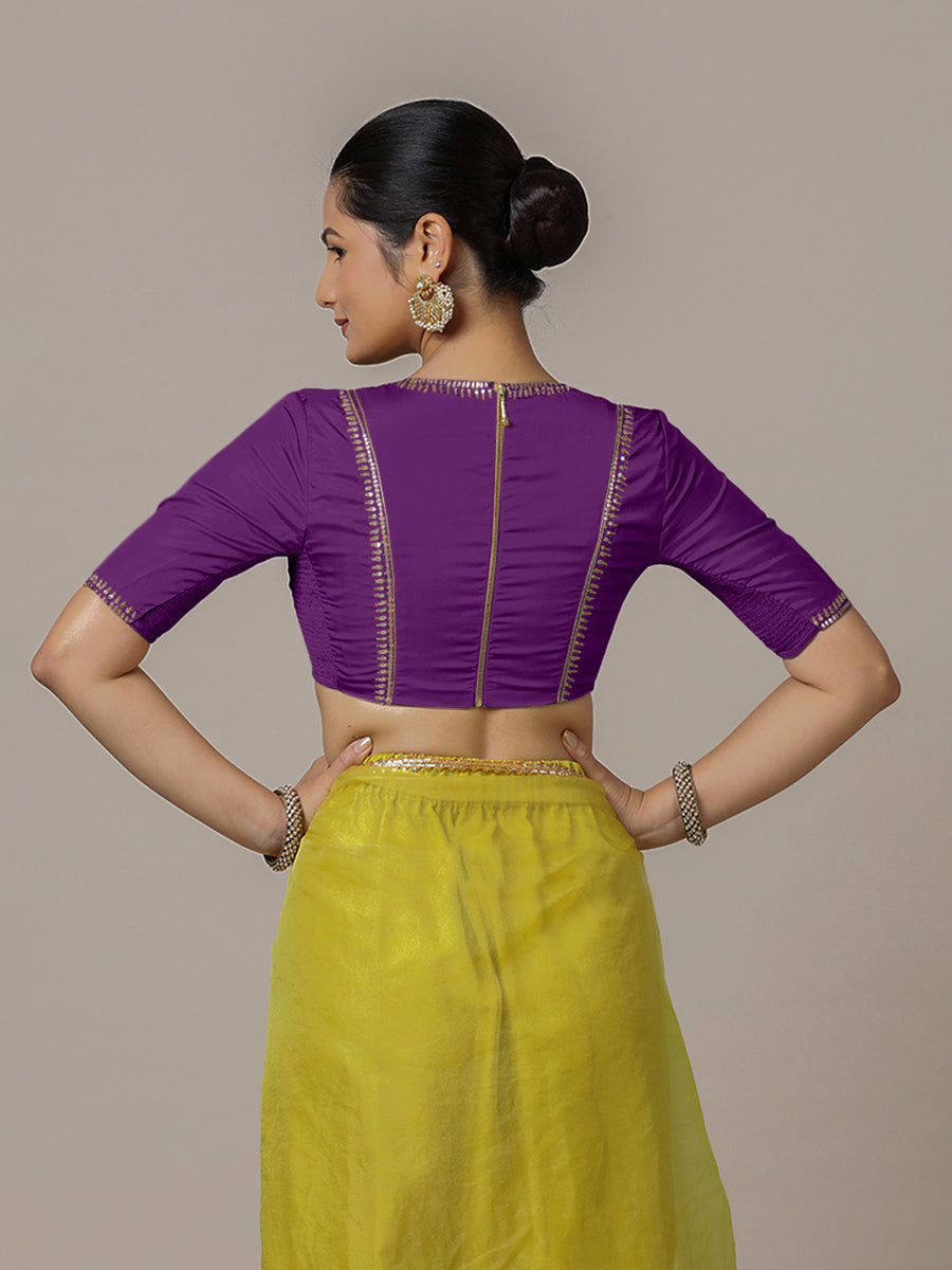 Zohra x Luxe Saree Blouse, in Purple Vegan Silk, featuring elbow sleeves and v-neckline, made for party & festive (view 2).
