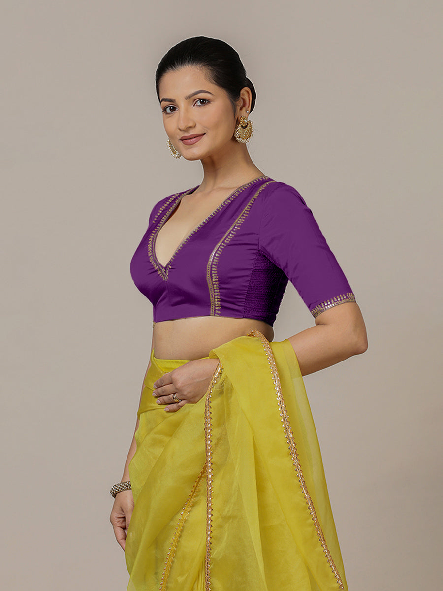Zohra x Luxe Saree Blouse, in Purple Vegan Silk, featuring elbow sleeves and v-neckline, made for party & festive (view 7).