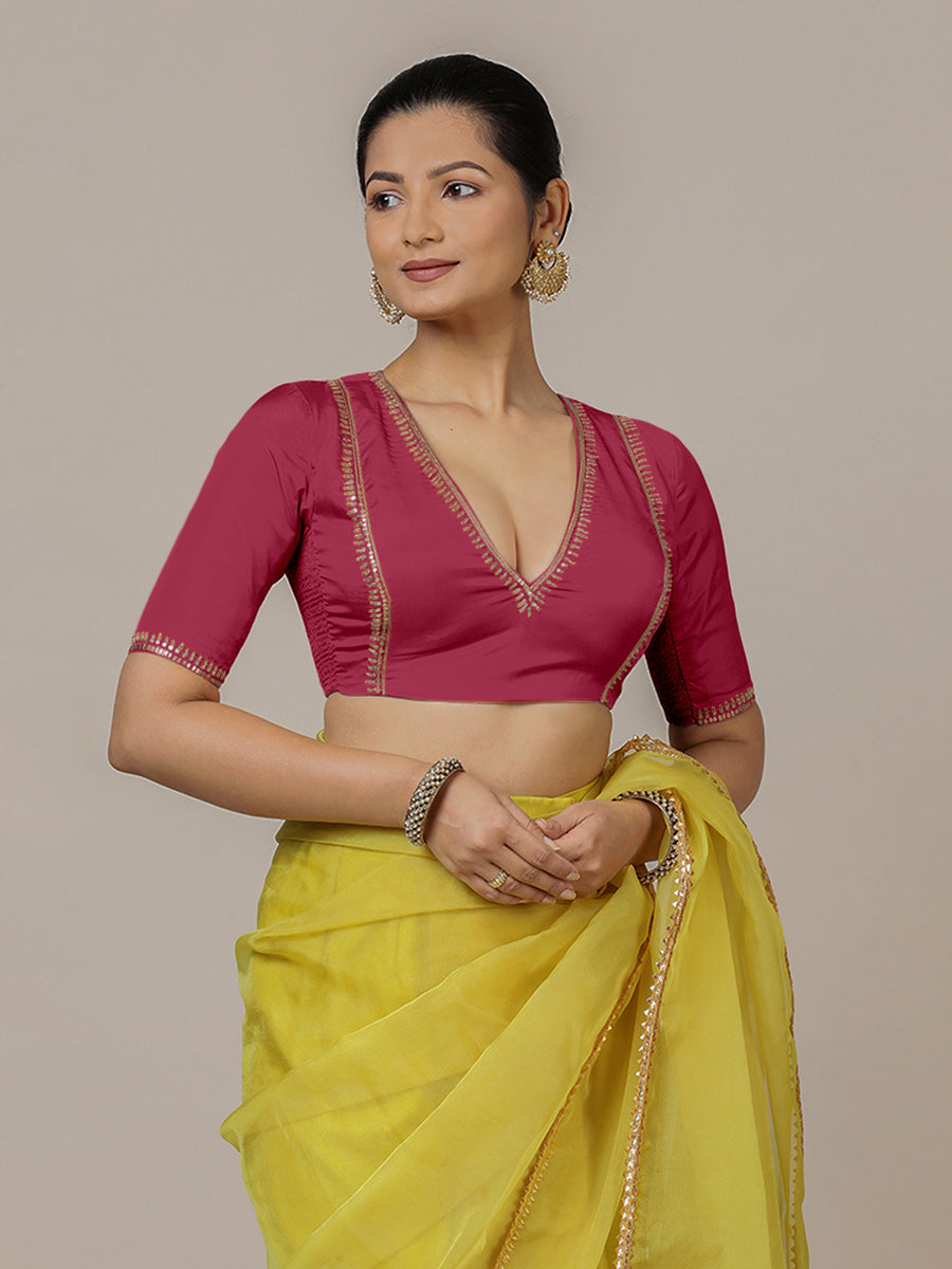 Zohra x Luxe Saree Blouse, in Pink Vegan Silk, featuring elbow sleeves and v-neckline, made for party & festive (view 6).