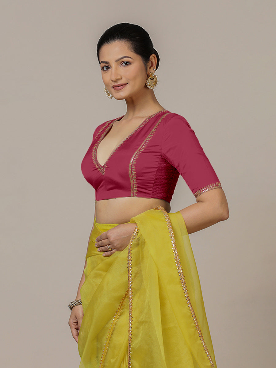 Zohra x Luxe Saree Blouse, in Pink Vegan Silk, featuring elbow sleeves and v-neckline, made for party & festive (view 7).
