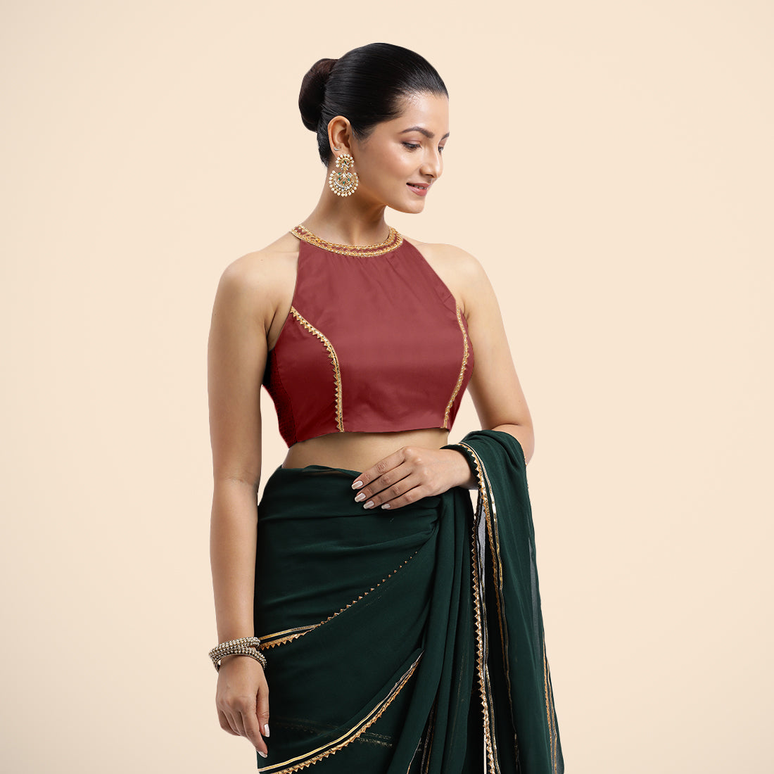 Zubeida x Tyohaar Saree Blouse, in Red Vegan Silk, featuring sleeveless and halter neckline, made for party & festive (view 2).