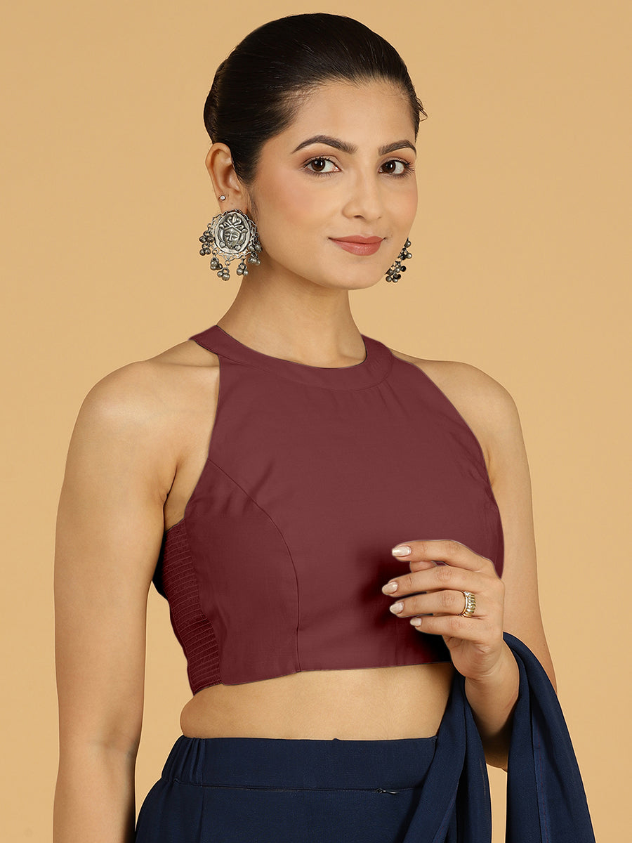 Zubeida x Rozaana Saree Blouse, in Maroon Viscose, featuring sleeveless and halter neckline, made for daily & work (view 6).