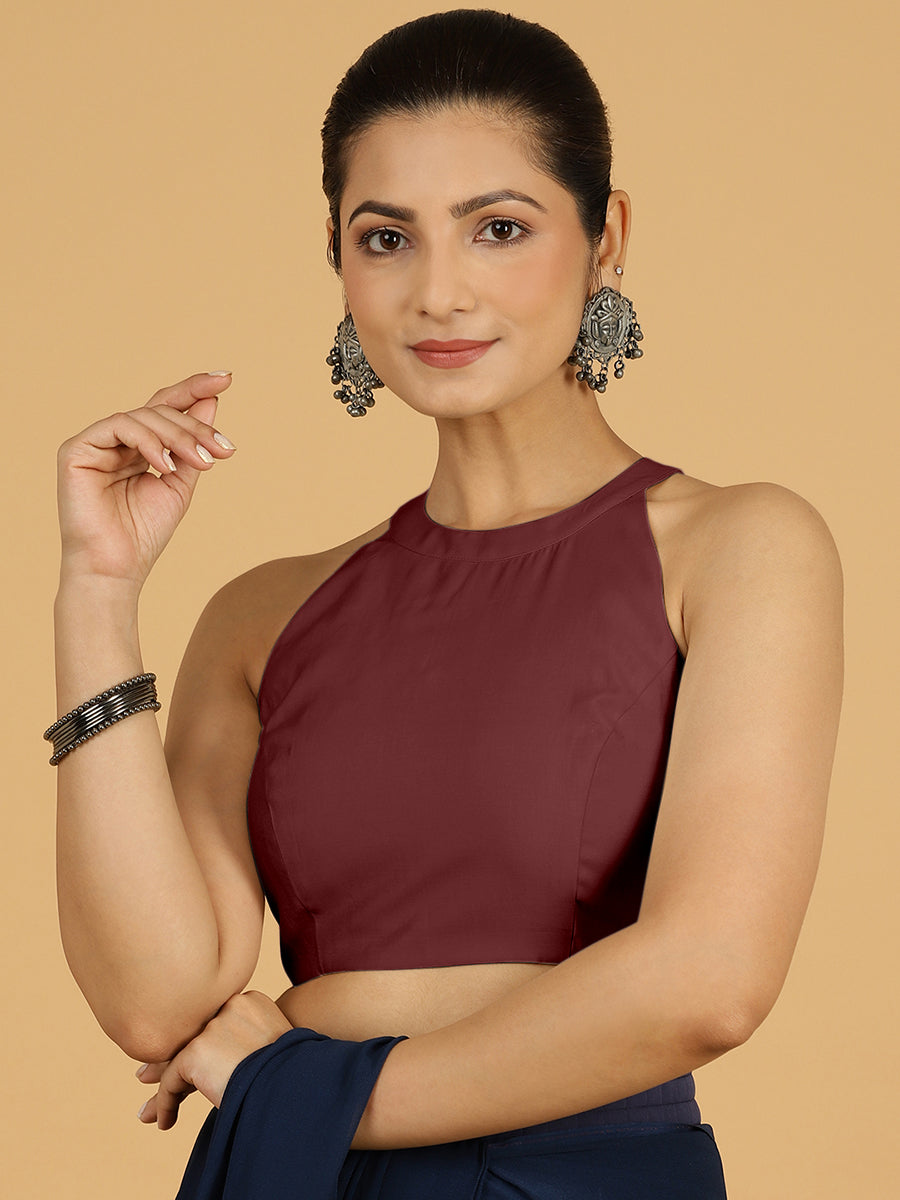 Zubeida x Rozaana Saree Blouse, in Maroon Viscose, featuring sleeveless and halter neckline, made for daily & work (view 7).