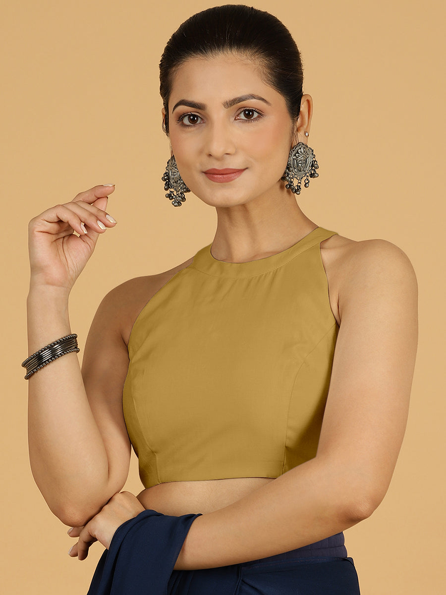 Zubeida x Rozaana Saree Blouse, in Yellow Viscose, featuring sleeveless and halter neckline, made for daily & work (view 7).