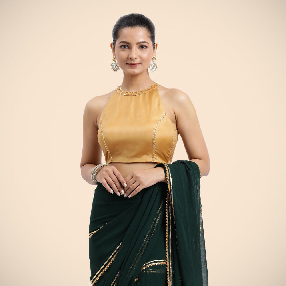 Zubeida x Tyohaar | Gold Halterneck FlexiFit™ Saree Blouse with Elegant Golden Gota Embellishment on Princess Line