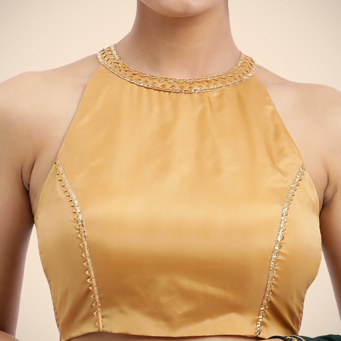 Zubeida x Tyohaar Saree Blouse, in Gold Vegan Silk, featuring sleeveless and halter neckline, made for party & festive (view 6).