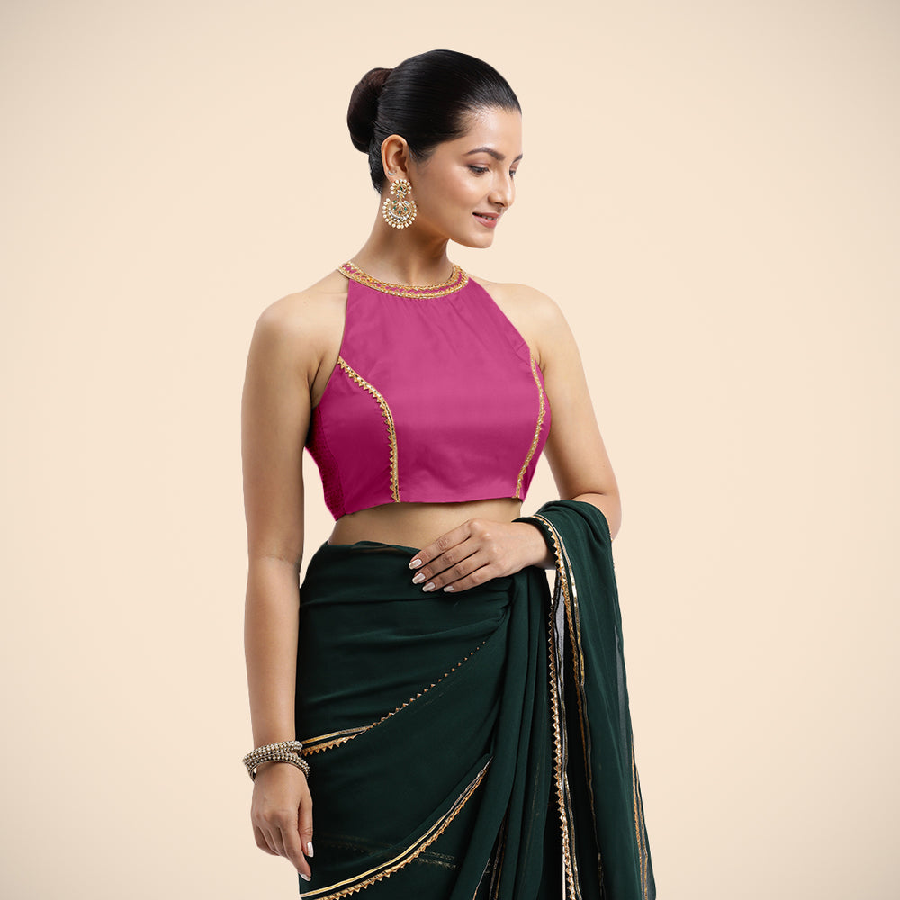 Zubeida x Tyohaar | Sleeveless Hot Pink FlexiFit™ Gota Embellished Saree Blouse with Halter Neck