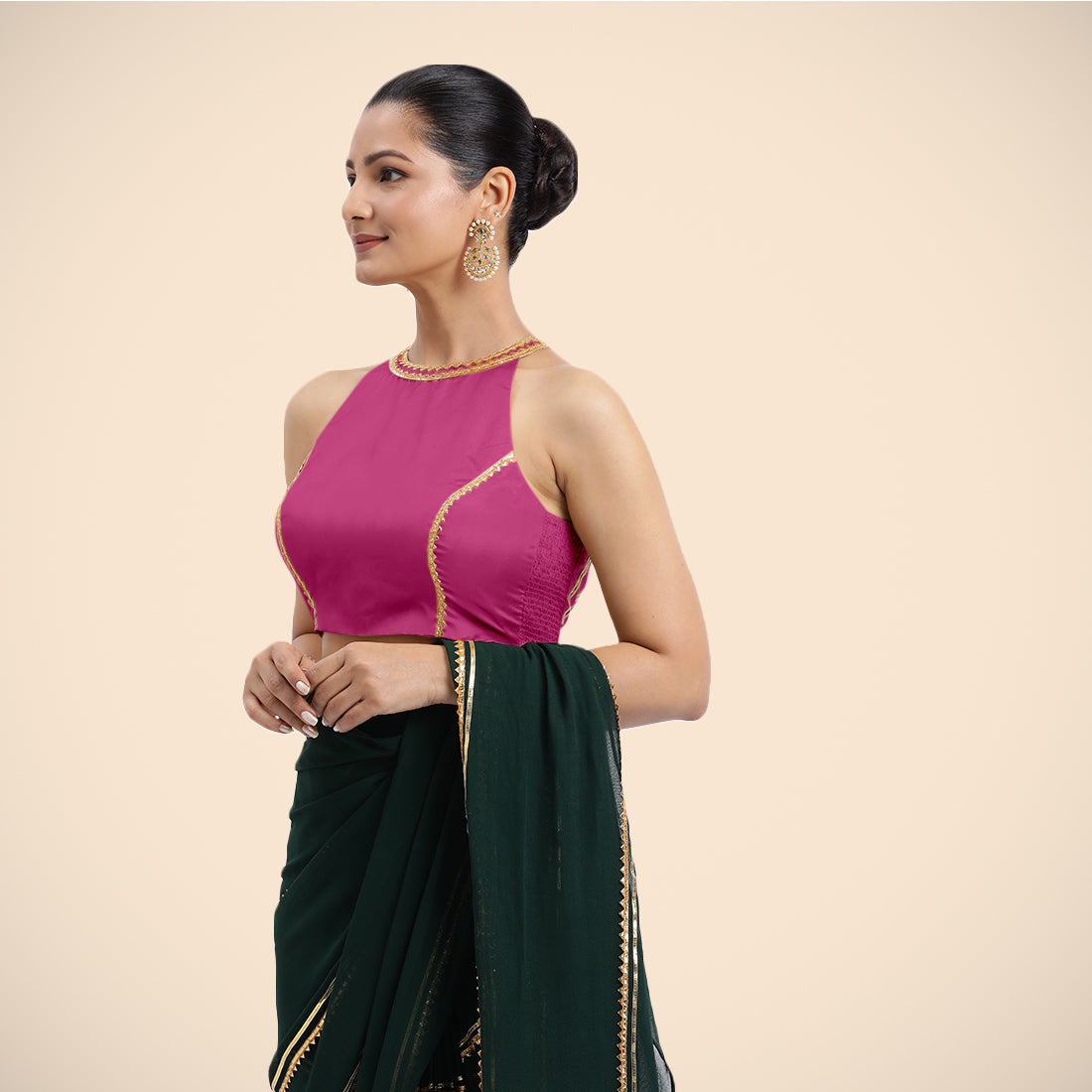 Zubeida x Tyohaar Saree Blouse, in Pink Vegan Silk, featuring sleeveless and halter neckline, made for party & festive (view 7).