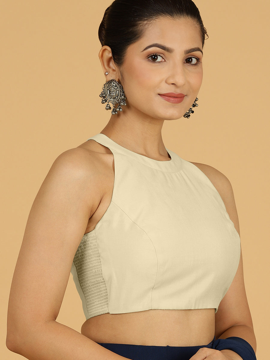 Zubeida x Rozaana Saree Blouse, in White Viscose, featuring sleeveless and halter neckline, made for daily & work (view 5).