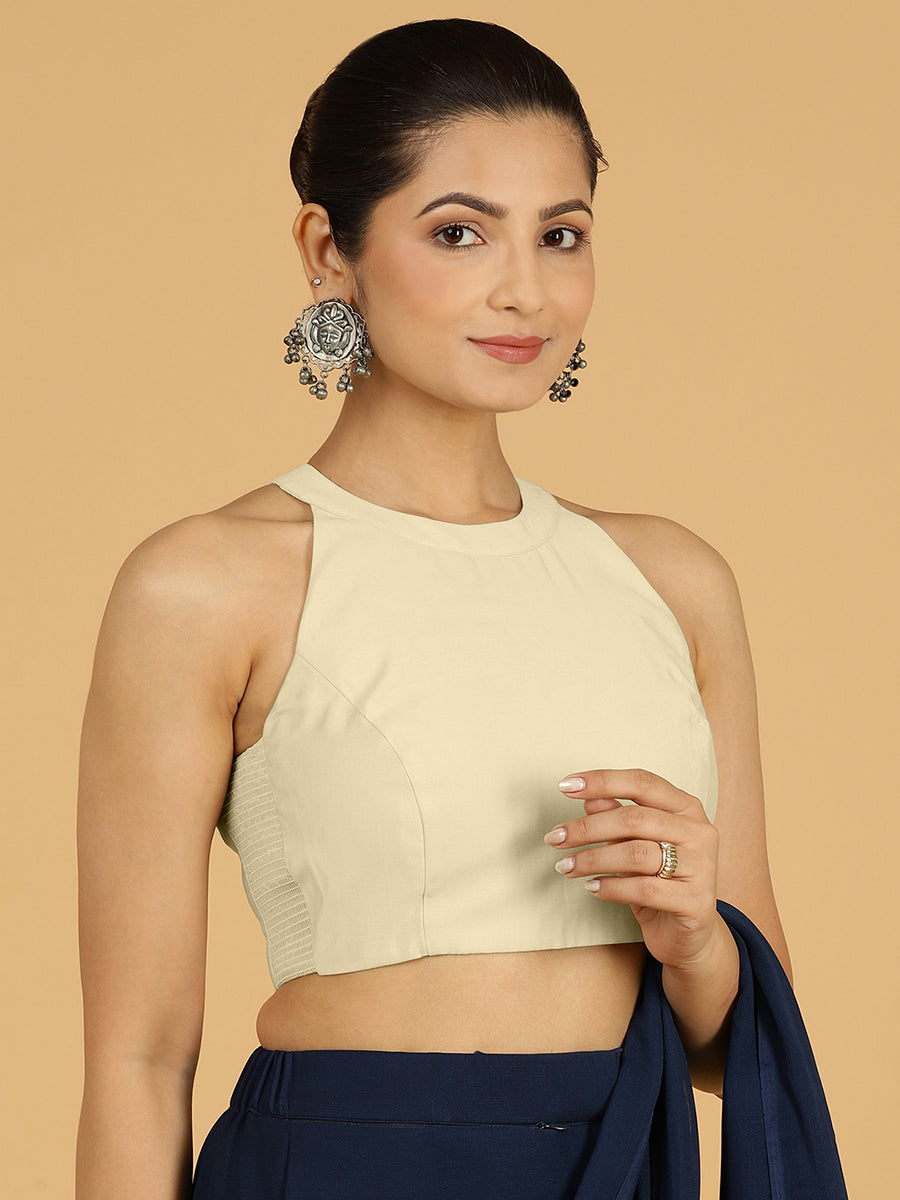 Zubeida x Rozaana Saree Blouse, in White Viscose, featuring sleeveless and halter neckline, made for daily & work (view 7).