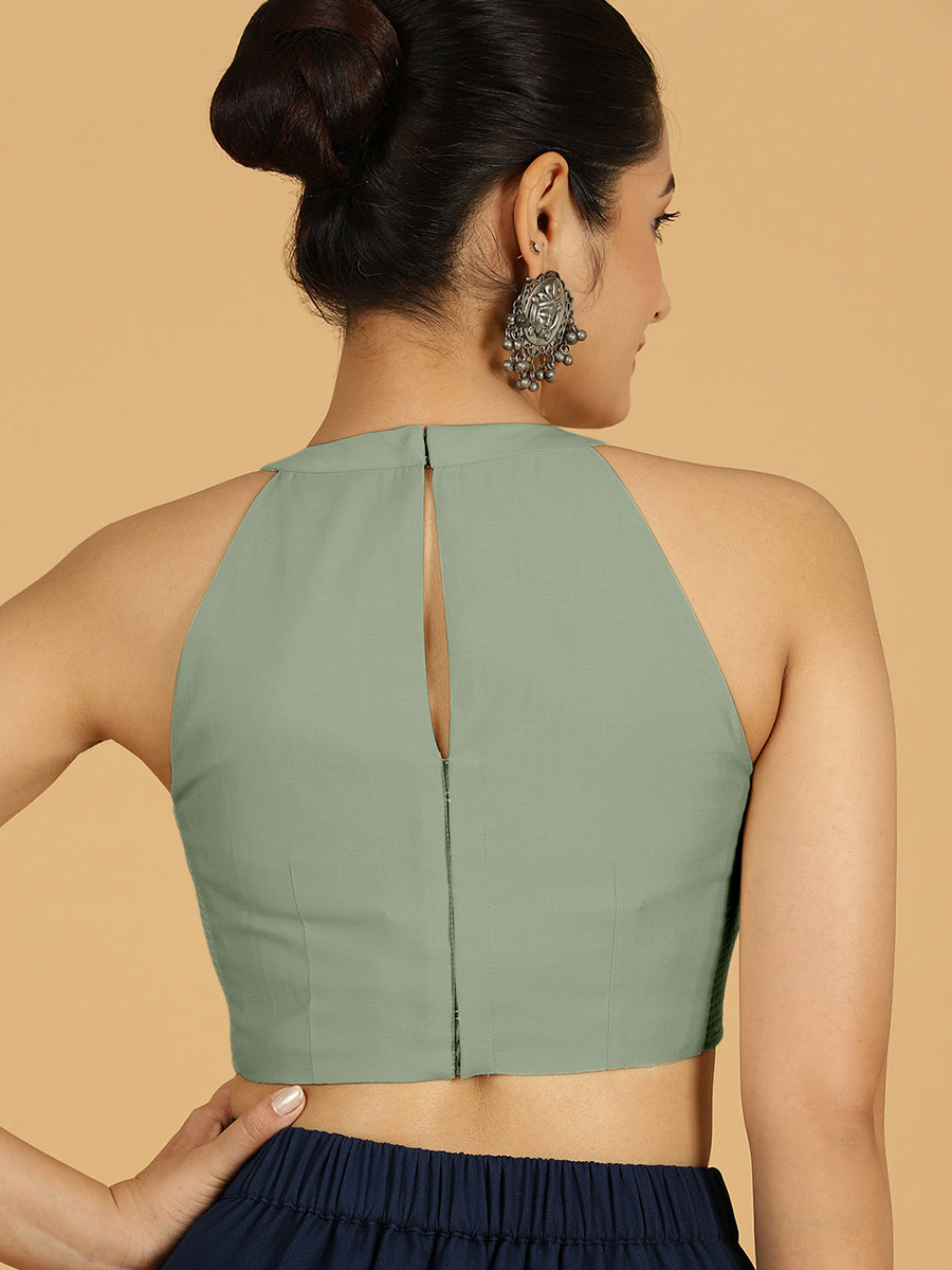 Zubeida x Rozaana Saree Blouse, in Green Viscose, featuring sleeveless and halter neckline, made for daily & work (view 2).