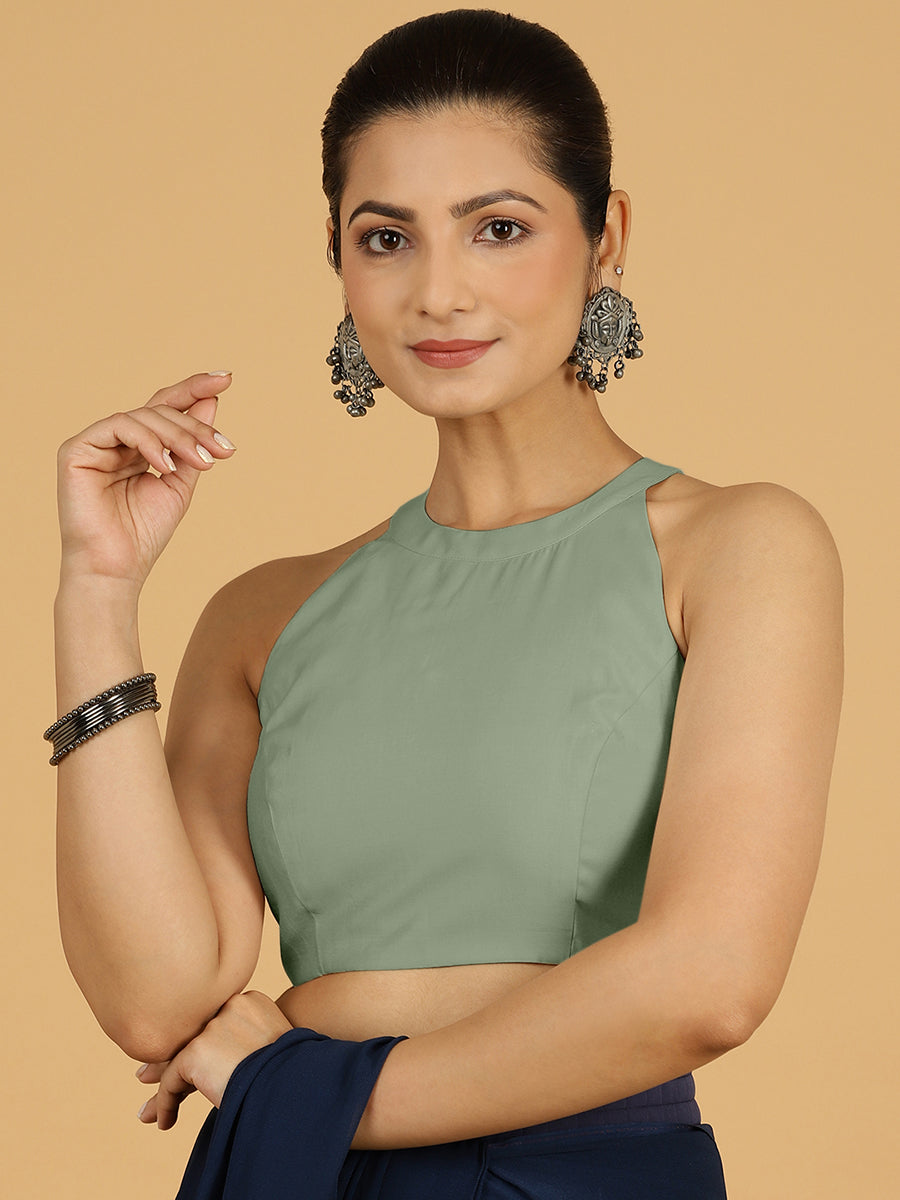 Zubeida x Rozaana Saree Blouse, in Green Viscose, featuring sleeveless and halter neckline, made for daily & work (view 7).