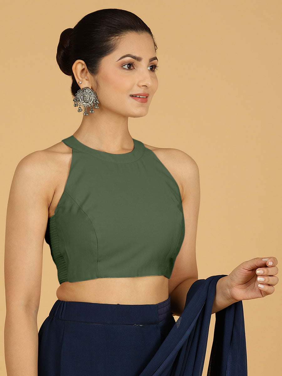 Zubeida x Rozaana Saree Blouse, in Green Viscose, featuring sleeveless and halter neckline, made for daily & work (view 6).