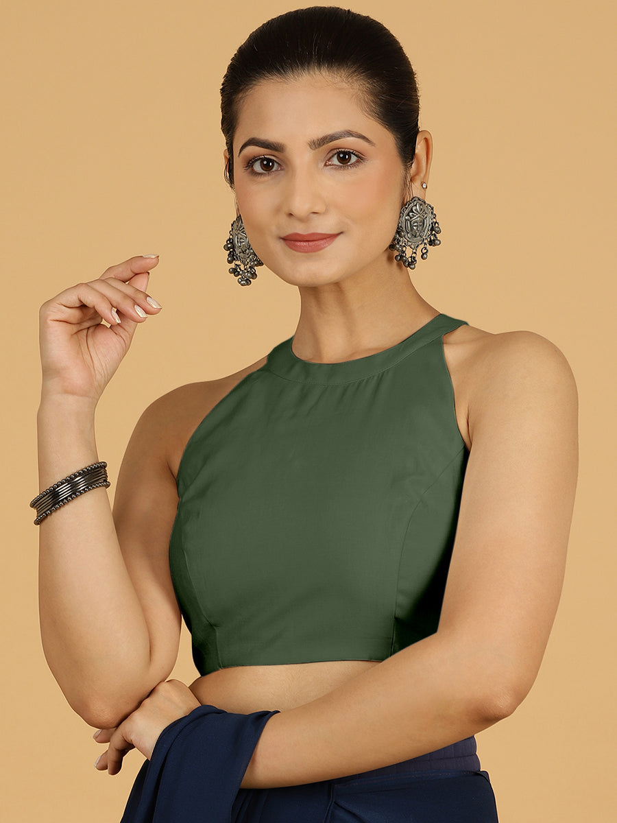 Zubeida x Rozaana Saree Blouse, in Green Viscose, featuring sleeveless and halter neckline, made for daily & work (view 7).