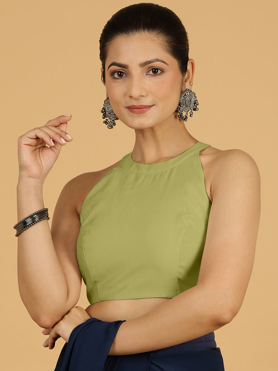 Zubeida x Rozaana Saree Blouse, in Green Viscose, featuring sleeveless and halter neckline, made for daily & work.