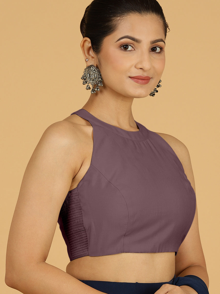 Zubeida x Rozaana Saree Blouse, in Purple Viscose, featuring sleeveless and halter neckline, made for daily & work (view 5).