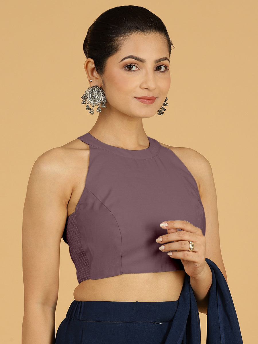 Zubeida x Rozaana Saree Blouse, in Purple Viscose, featuring sleeveless and halter neckline, made for daily & work (view 7).