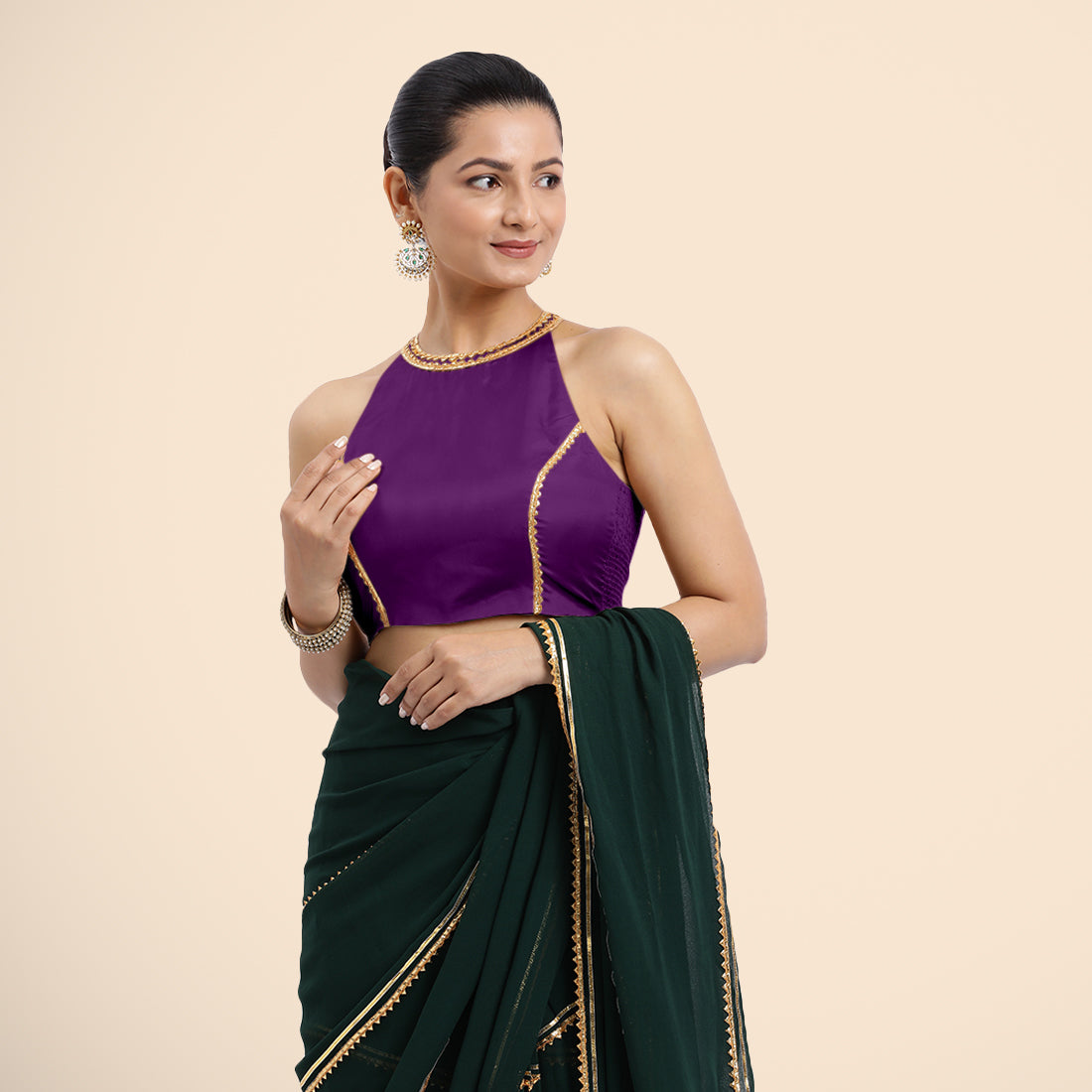 Zubeida x Tyohaar Saree Blouse, in Purple Vegan Silk, featuring sleeveless and halter neckline, made for party & festive.