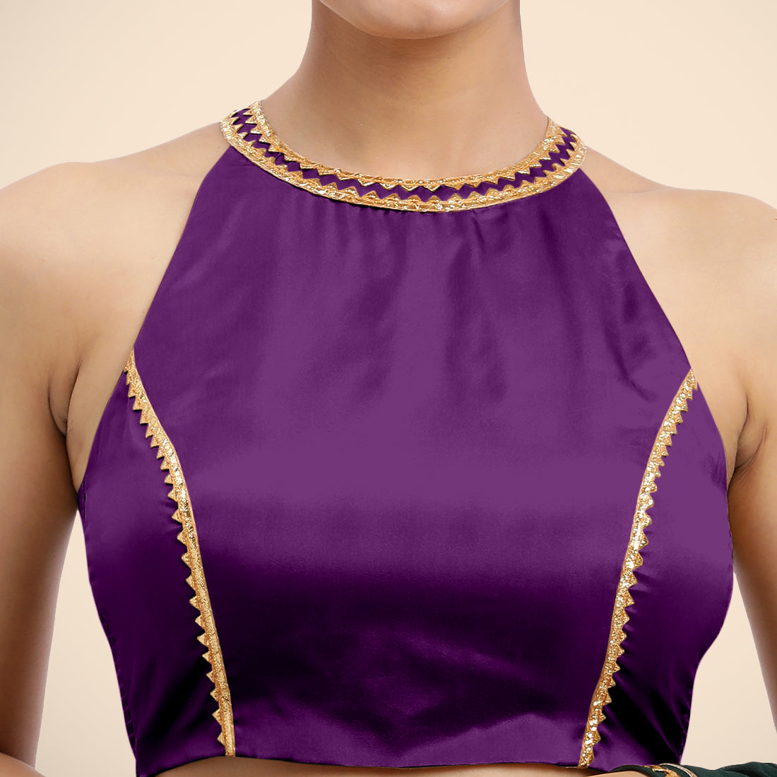 Zubeida x Tyohaar Saree Blouse, in Purple Vegan Silk, featuring sleeveless and halter neckline, made for party & festive.