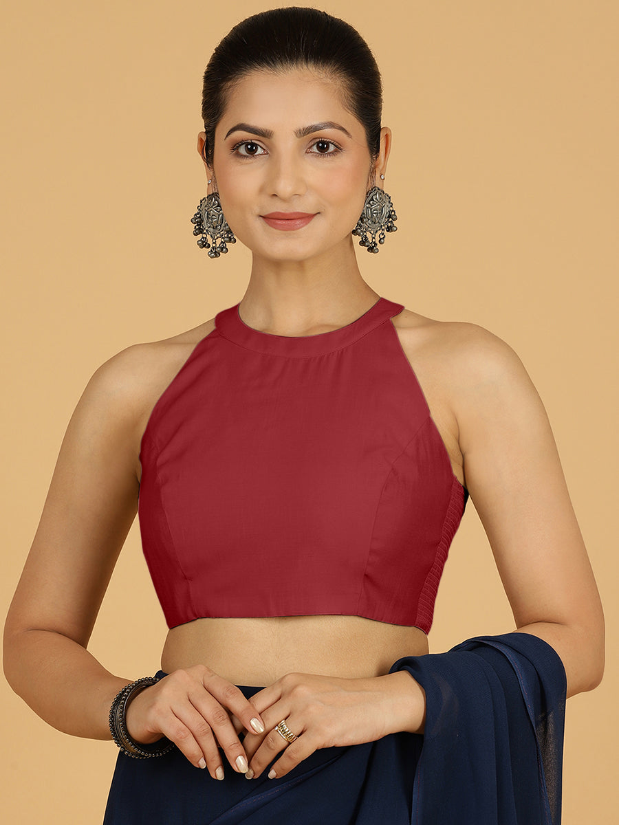 Zubeida x Rozaana Saree Blouse, in Red Viscose, featuring sleeveless and halter neckline, made for daily & work (view 7).