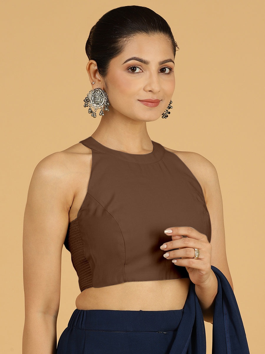 Zubeida x Rozaana Saree Blouse, in Brown Viscose, featuring sleeveless and halter neckline, made for daily & work.