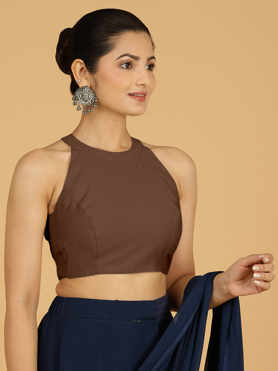 Zubeida x Rozaana Saree Blouse, in Brown Viscose, featuring sleeveless and halter neckline, made for daily & work (view 6).