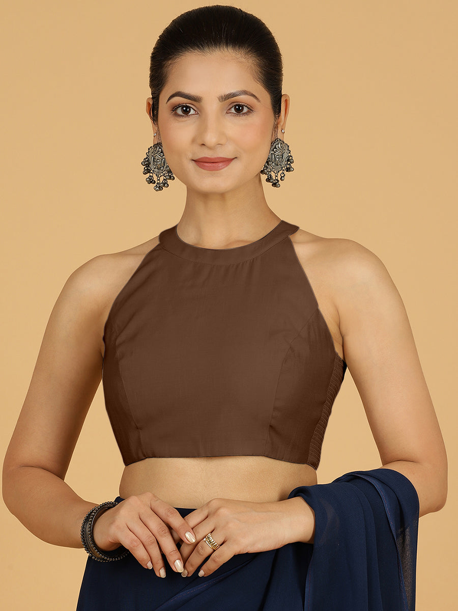 Zubeida x Rozaana Saree Blouse, in Brown Viscose, featuring sleeveless and halter neckline, made for daily & work (view 7).