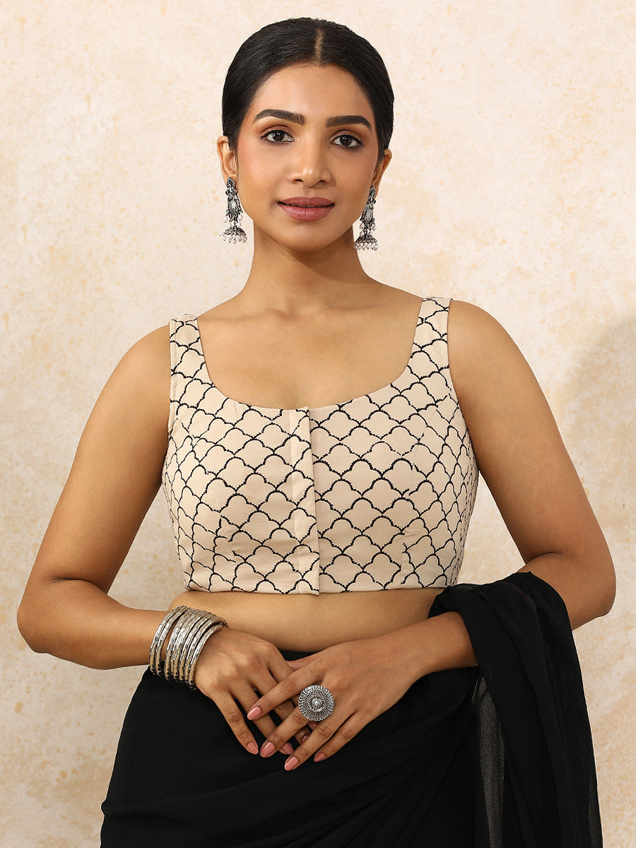 Zunaira x Rozaana Saree Blouse, in Cream 100% Cotton - Block Printed, featuring sleeveless and round neckline (view 4).