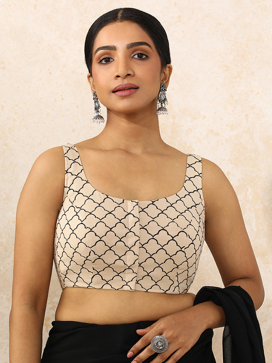 Zunaira x Rozaana Saree Blouse, in Cream 100% Cotton - Block Printed, featuring sleeveless and round neckline (view 5).