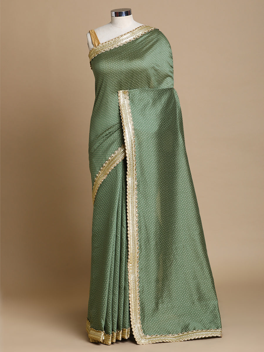 Anwesha x Tyohaar | Green Foil Chandheri Saree With Designer Embroidered Lace