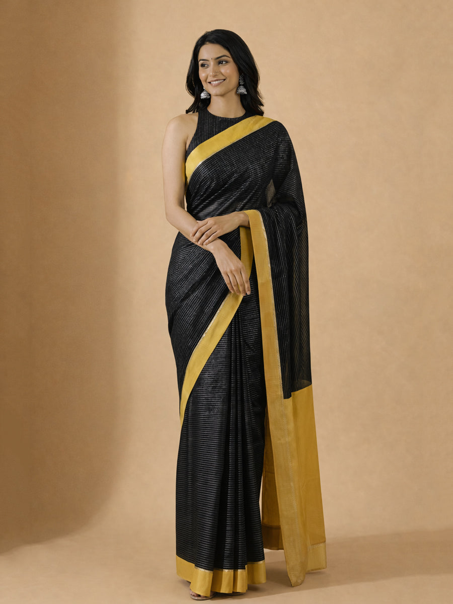 Dhwani x Rozaana Saree, in Black 100% Cotton & Lurex, made for daily & work (view 6).