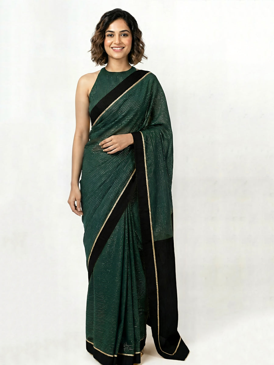 Dhwani x Rozaana Saree, in Green 100% Cotton & Lurex, made for daily & work (view 2).