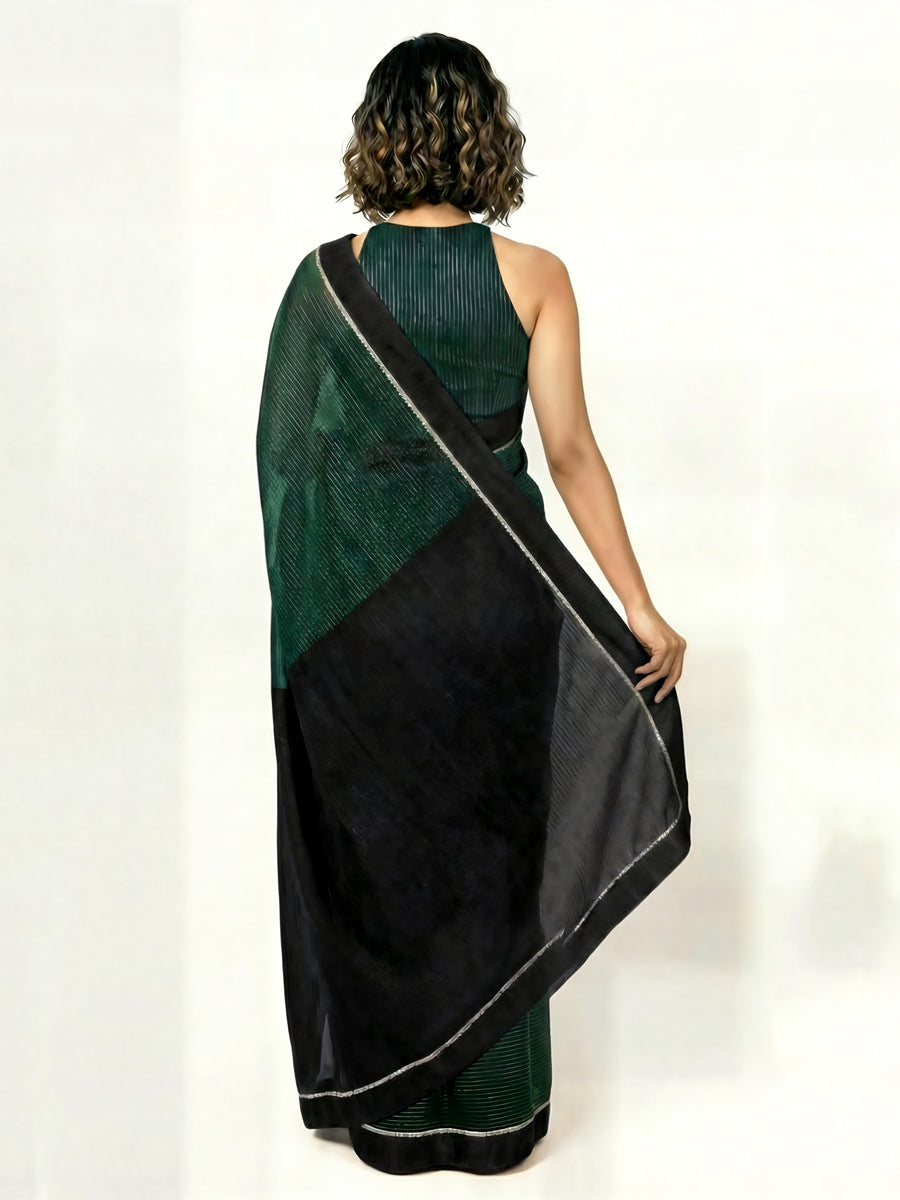 Dhwani x Rozaana Saree, in Green 100% Cotton & Lurex, made for daily & work (view 3).
