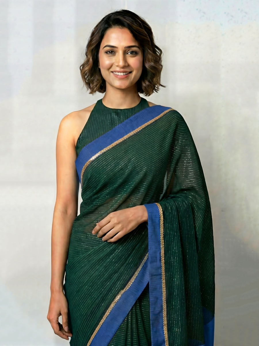 Dhwani x Rozaana Saree, in Green 100% Cotton & Lurex, made for daily & work (view 4).