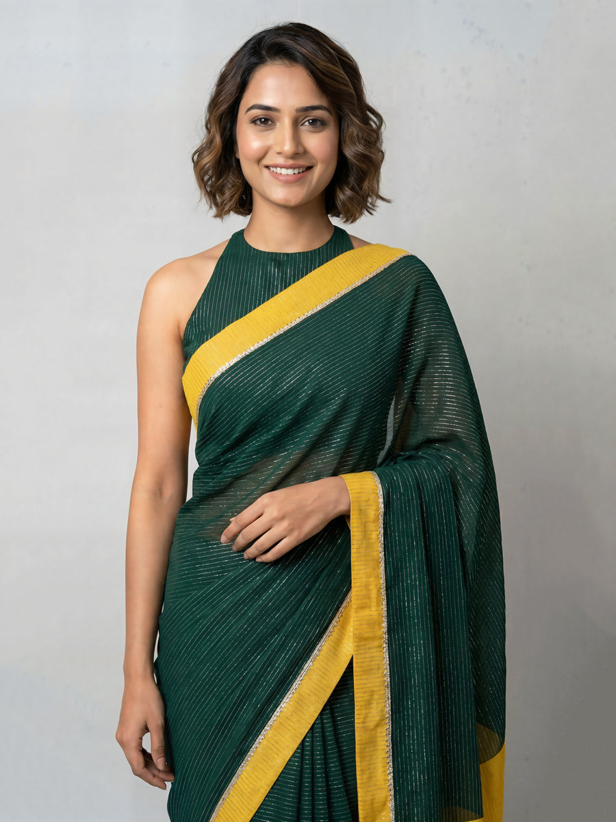 Dhwani x Rozaana Saree, in Green 100% Cotton & Lurex, made for daily & work (view 3).