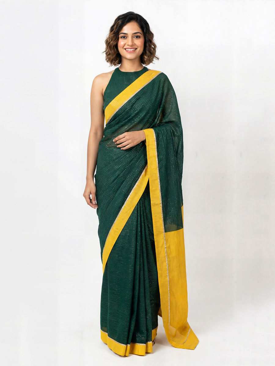 Dhwani x Rozaana Saree, in Green 100% Cotton & Lurex, made for daily & work (view 4).