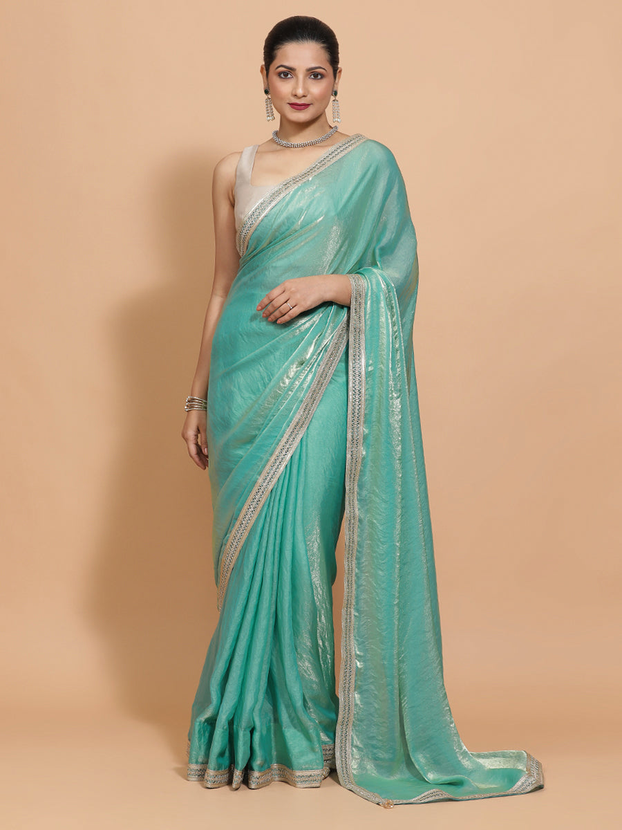 Helen x Tyohaar | Golden Green Tissue Saree with Ready-to-Wear Option