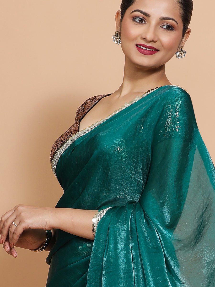 Jasmin x Tyohaar Saree, in Green Tissue Fabric, made for party & festive (view 5).