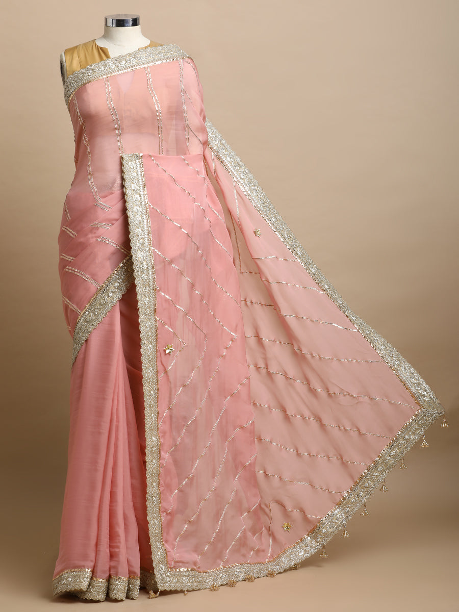 Kalindi x Tyohaar Saree, in Pink Viscose Organza, made for party & festive (view 4).