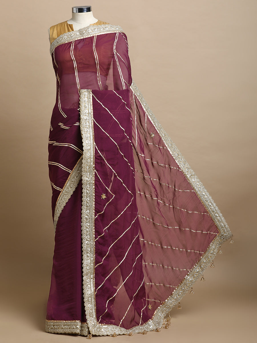 Kalindi x Tyohaar Saree, in Purple Viscose Organza, made for party & festive (view 3).