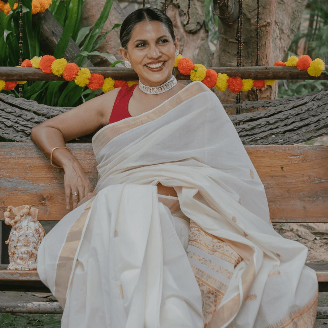 Off White & Gold Cotton Saree w/ Elaborate Pallu, in White 100% Cotton, made for party & festive.