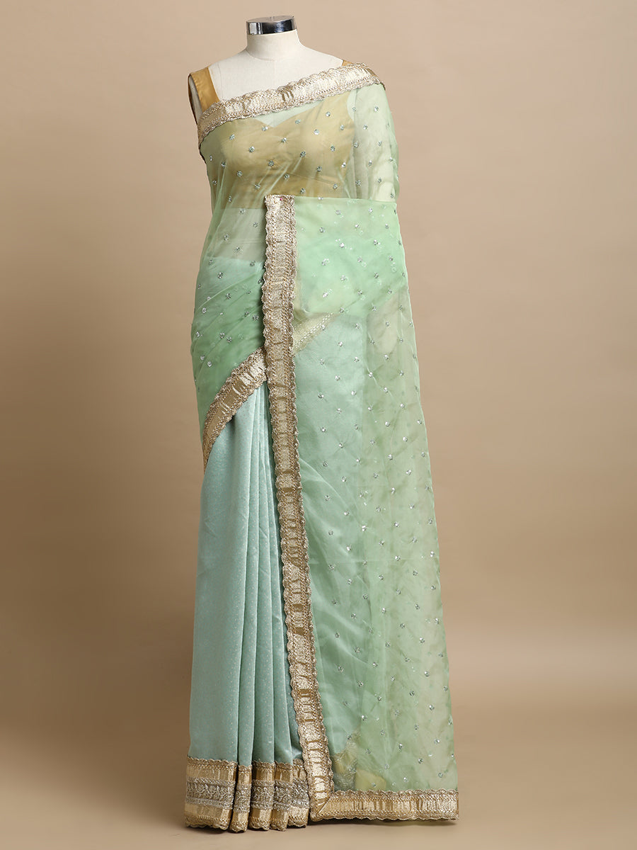 Prakriti x Tyohaar Saree, in Green Foil Chandheri & Organza Sequin Butta, made for party & festive.