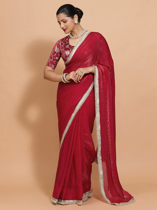 Ruby x Tyohaar | Velvety Red Tissue Saree with Ready-to-Wear Option