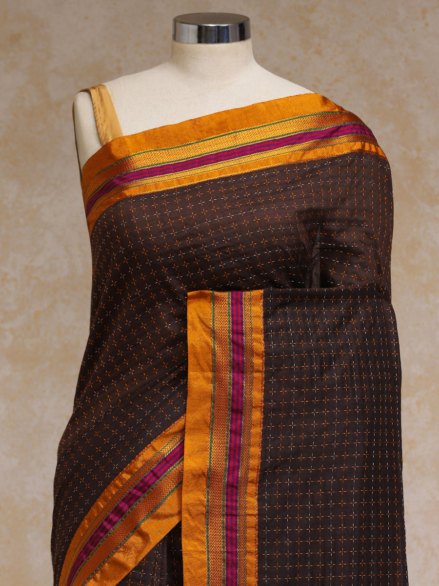 Brown Starplus Pattern Cotton Silk Ilkal Saree, in Brown Cotton Silk, made for daily & work (view 3).