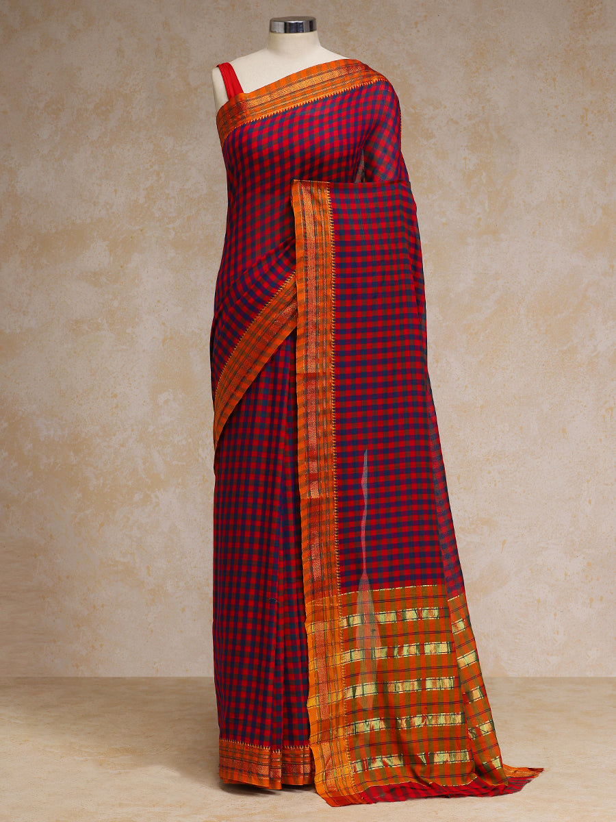 Blue-Red Check Cotton Silk Kanchi Chettinad Saree With Zari Border