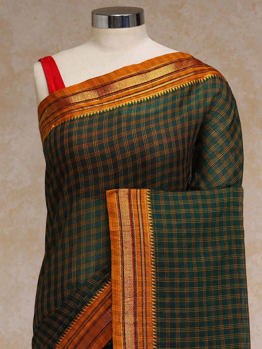 Green Check Cotton Silk Kanchi Chettinad Saree With Zari Border, in Green Cotton Silk, made for daily & work (view 4).