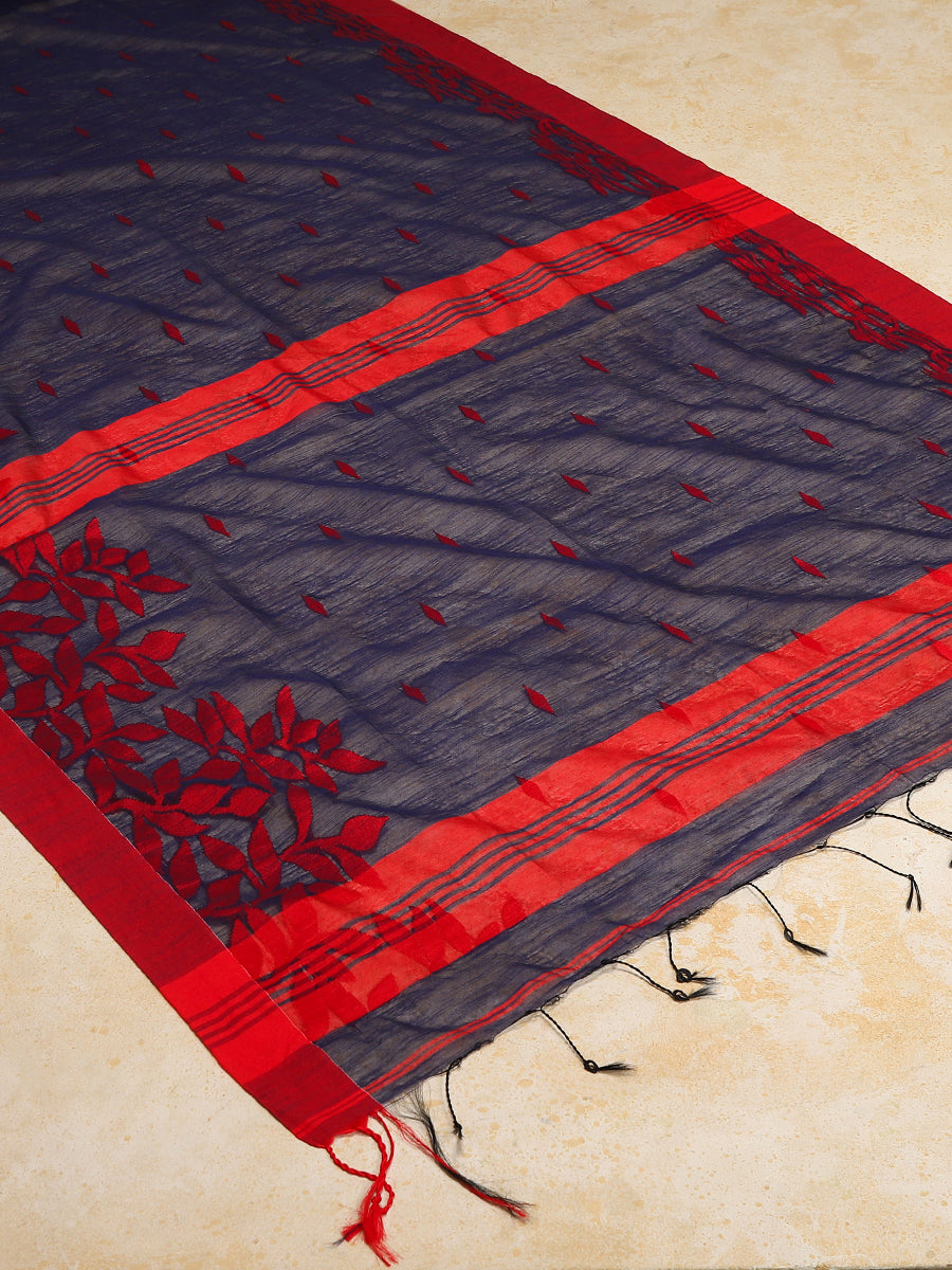 Midnight Blue Woven Floral Pattern Cotton Saree, in Blue Cotton, made for party & festive (view 3).