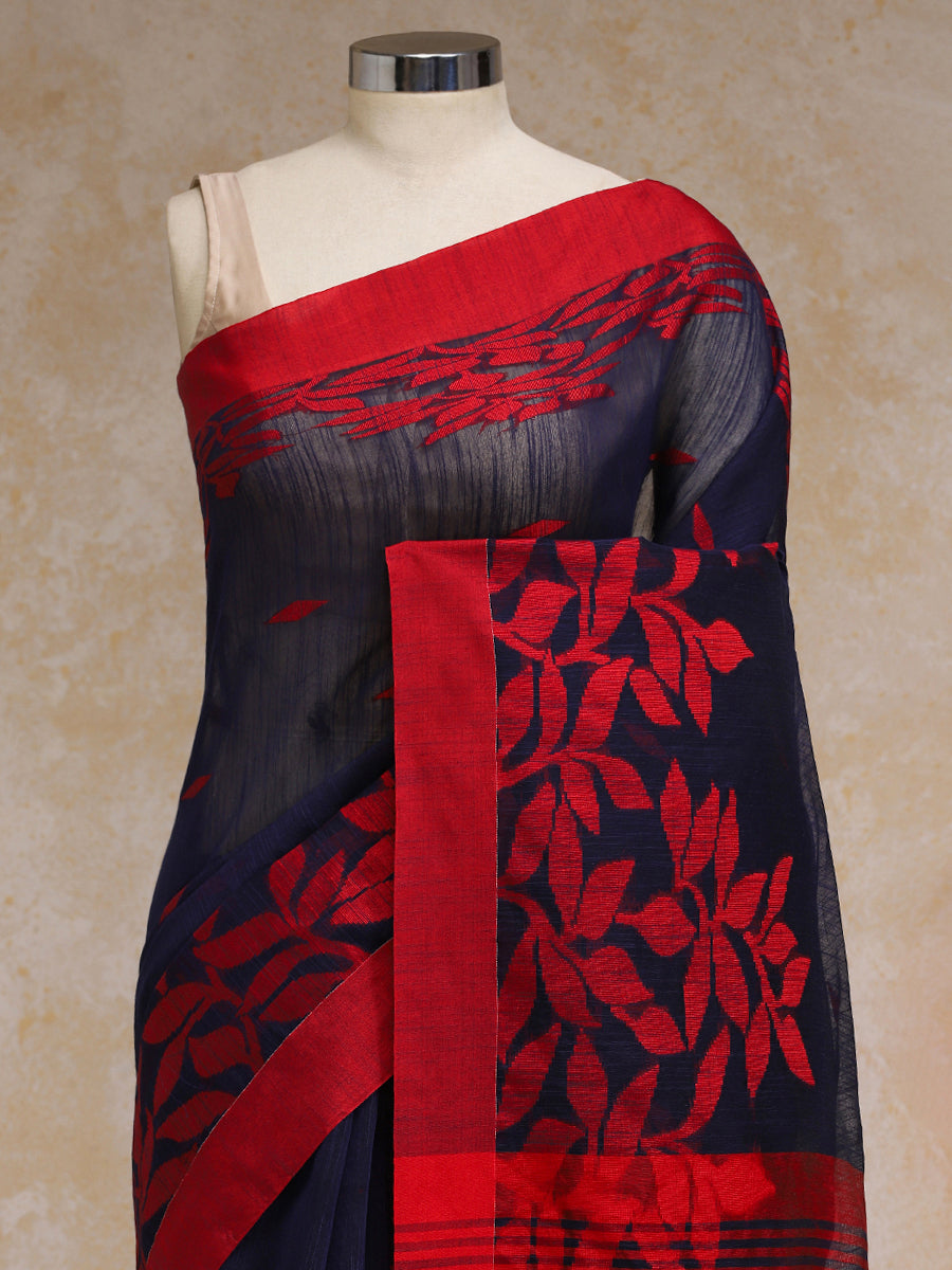 Midnight Blue Woven Floral Pattern Cotton Saree, in Blue Cotton, made for party & festive (view 4).