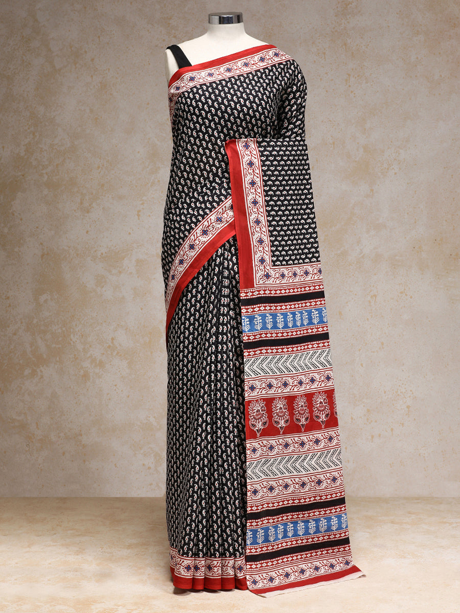 Black Paisley Handblock Printed Mulmul Saree, in Black 100% Cotton, made for daily & work.